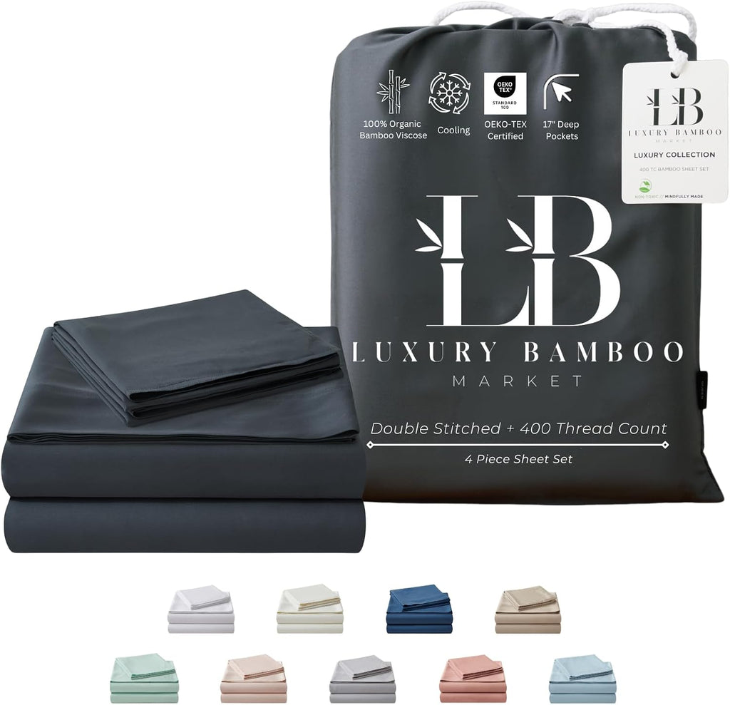 Luxury Bamboo Market | Queen Size Bed Sheet Set | 100% Viscose Made from Bamboo | Organically Grown | Ultra Soft | Cooling Sheets for Hot Sleepers | 17' Deep Pocket [Charcoal Grey]