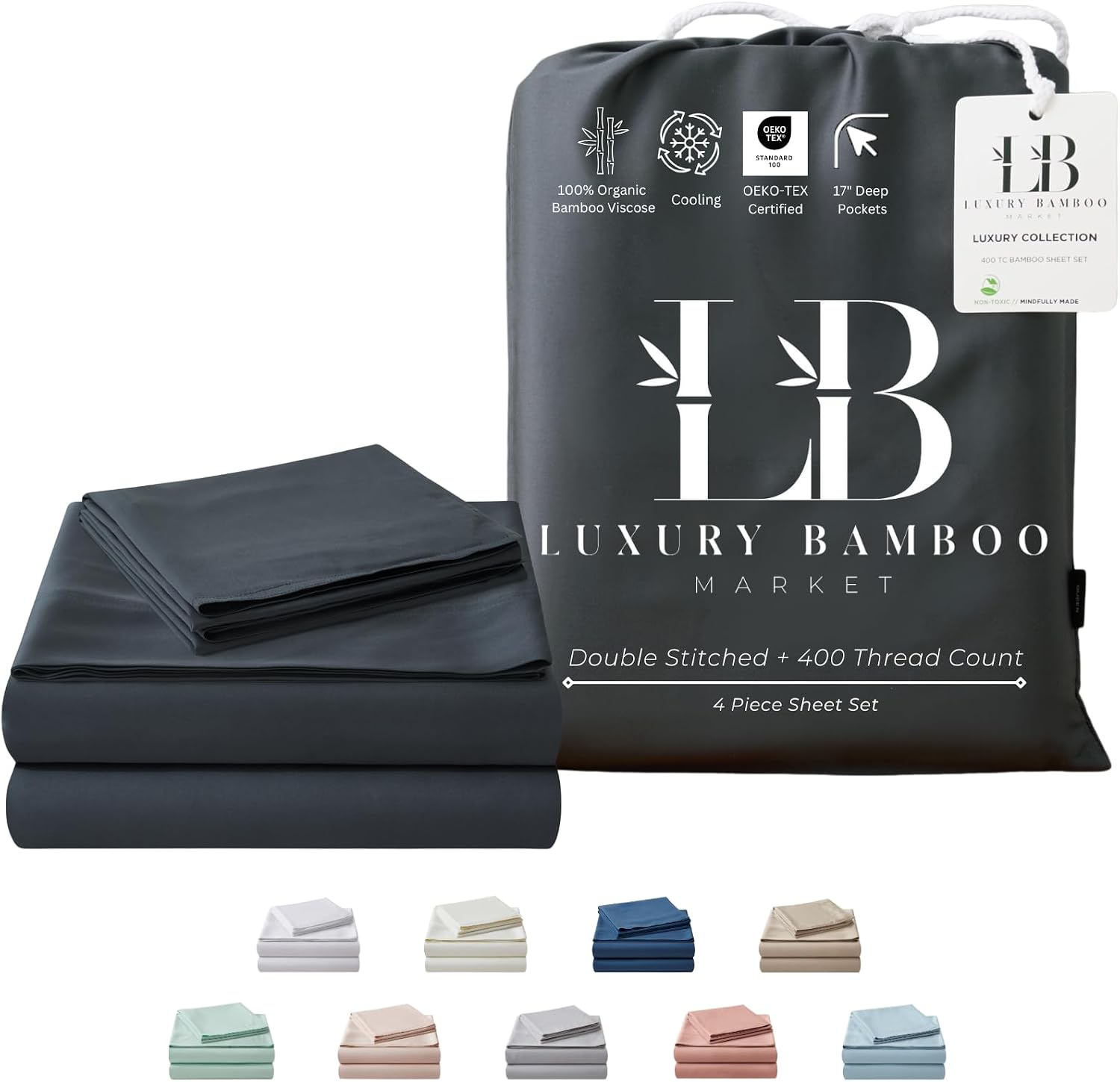 Luxury Bamboo Market | King Size Bed Sheet Set | 100% Viscose Made from Bamboo | Organically Grown | Ultra Soft | Cooling Sheets for Hot Sleepers | 17' Deep Pocket [Charcoal Grey]
