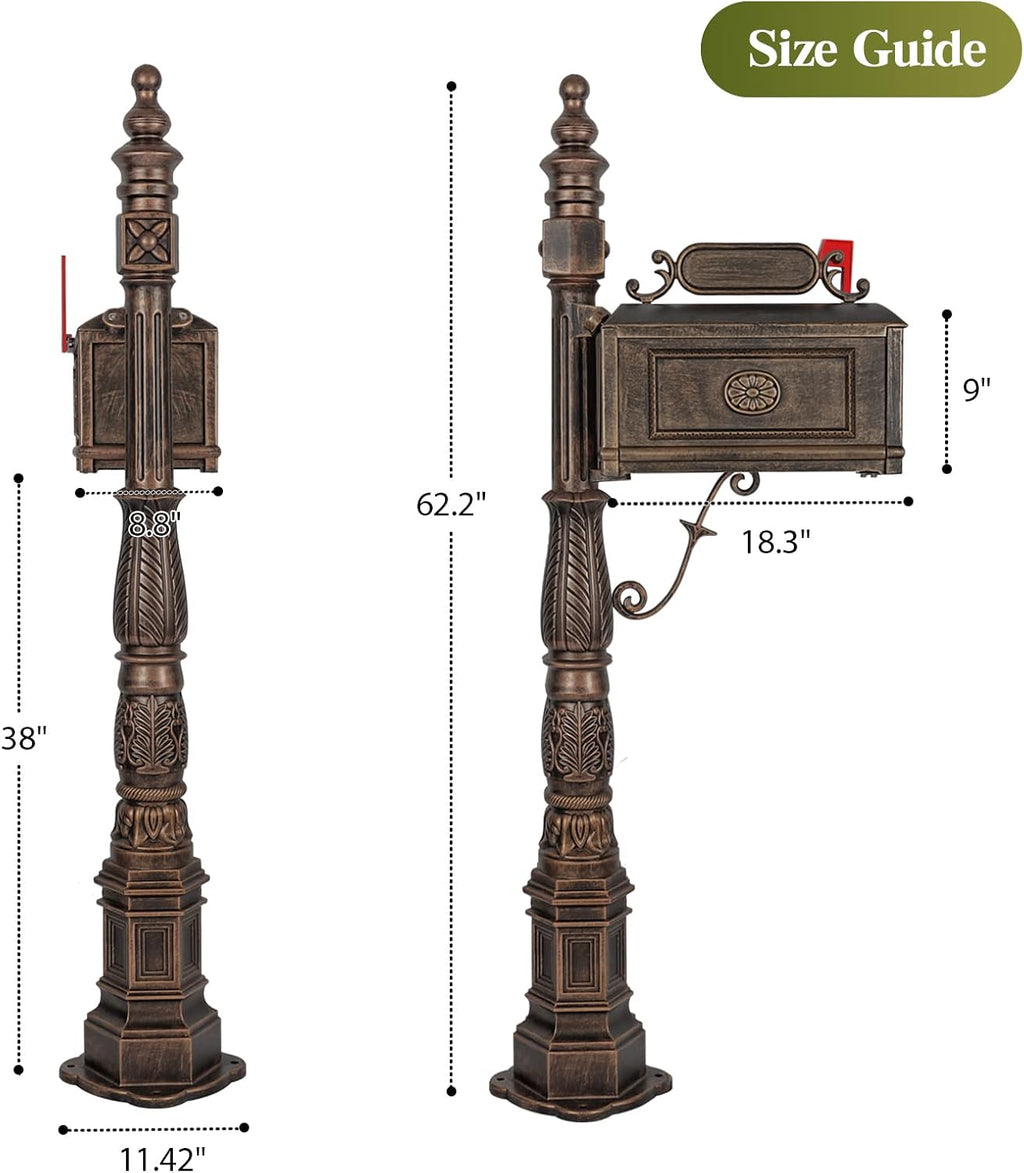 Polar Aurora Barcelona Decorative Post Mailbox Combination Stratford Heavy Duty Postal Mail Box Cast Aluminum(Bronze)