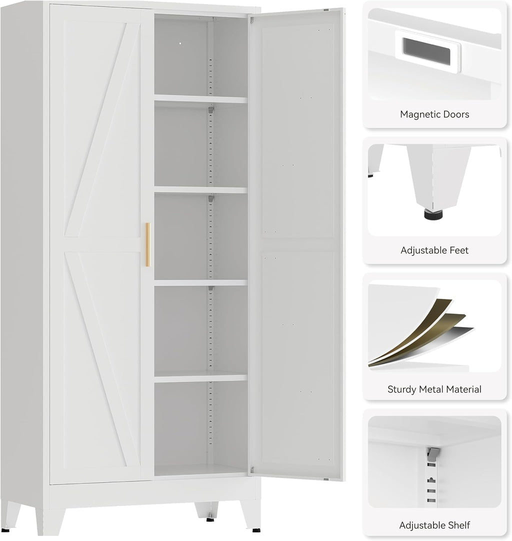 71' Tall Pantry Cabinet, White Metal Pantry Storage Cabinet, Kitchen Pantry Storage Cabinets with 2 Door and 4 Adjustable Shelves (White, 71' H)