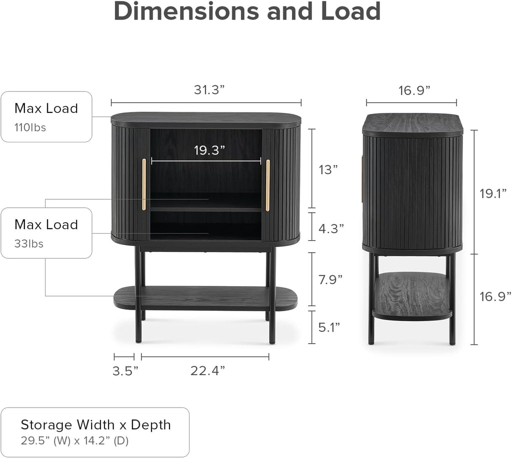 mopio Quin Storage Cabinet, Tambour Fluted Entryway Accent Sofa Tables, Buffet Sideboard with Doors & Shelves, Pantry Coffee Wine Bar Cabinet, Wood Console Table, Mid Century Modern (Black)
