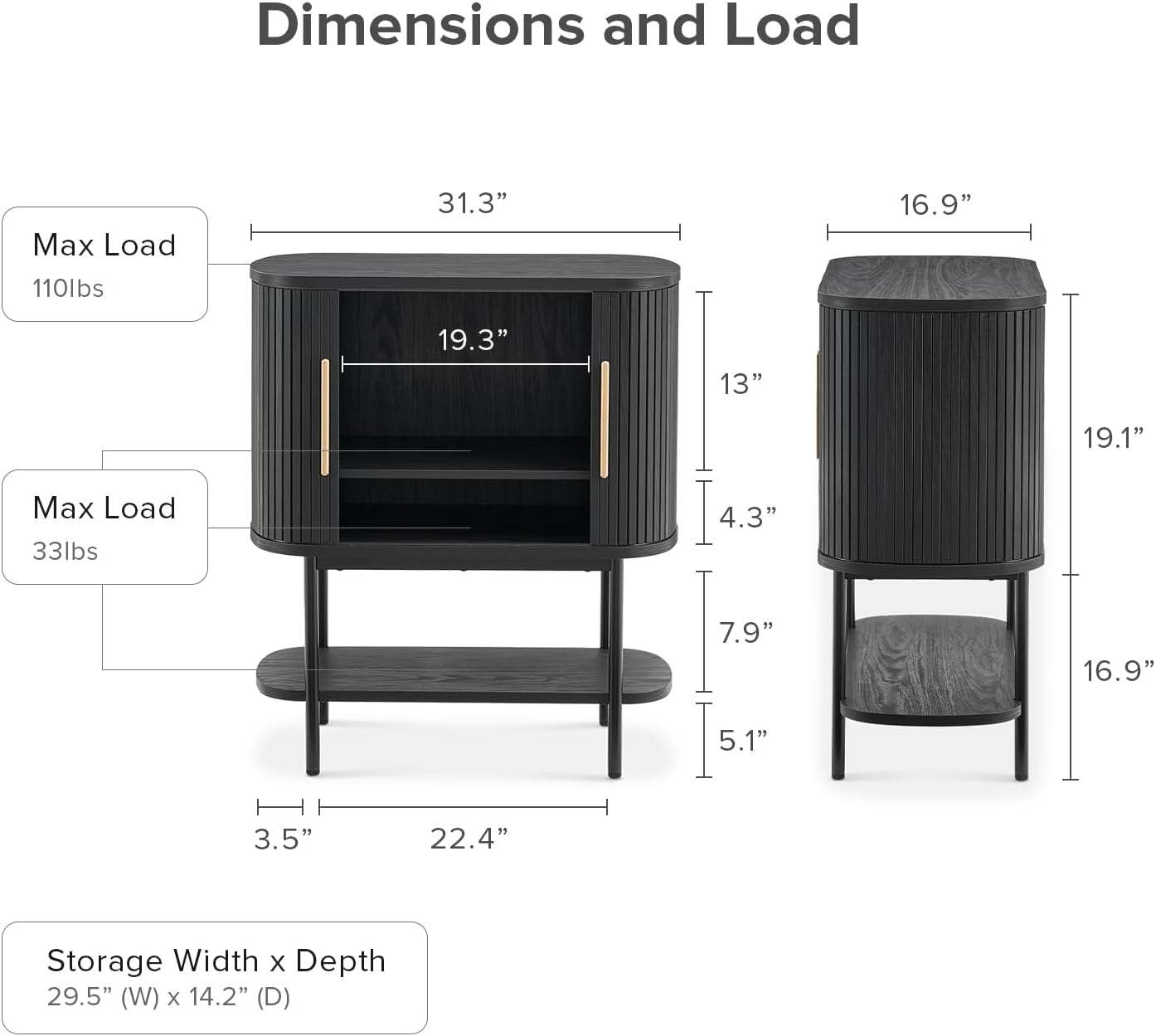 mopio Quin Storage Cabinet, Tambour Fluted Entryway Accent Sofa Tables, Buffet Sideboard with Doors & Shelves, Pantry Coffee Wine Bar Cabinet, Wood Console Table, Mid Century Modern (Black)