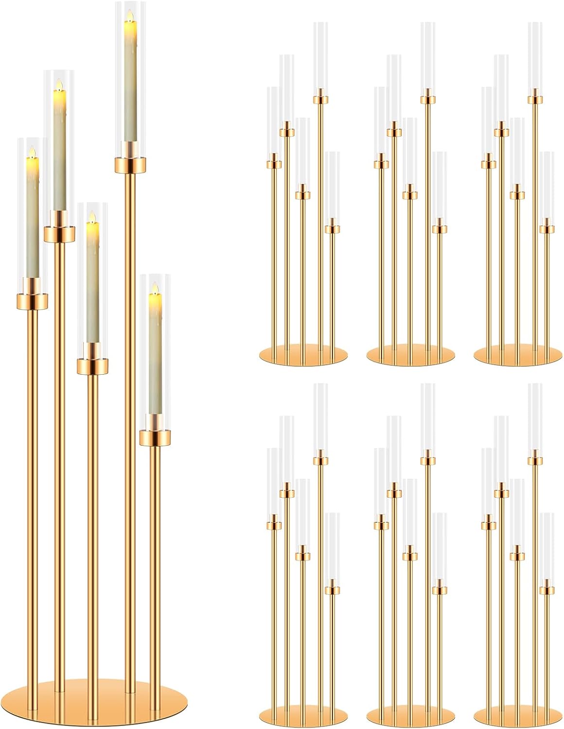 6 Set 5 Arm Gold Candle Holder, Mjkeomo 41.3'' Tall Candelabra Centerpieces for Tables Gold Candlesticks Holder for Housewarming Gift Fireplace Dinner Halloween Christmas Decor Fit 0.82'' LED Candle