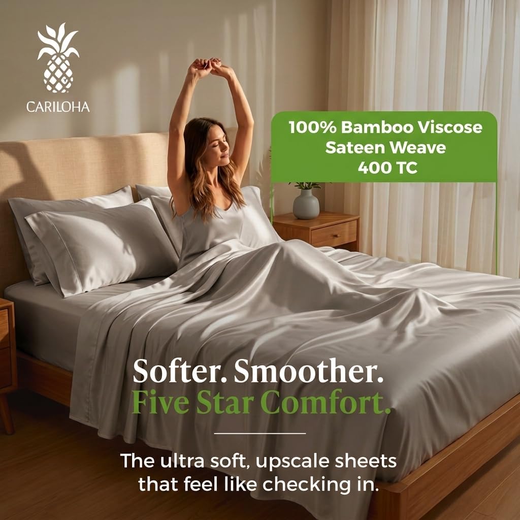 Cariloha Resort 4-Piece Sateen Sheet Set | Harbor Gray | Queen | Viscose Material | Allergy Resistant, Naturally Thermal-Regulating, Extra Soft Cooling Sheets for Hot Sleepers
