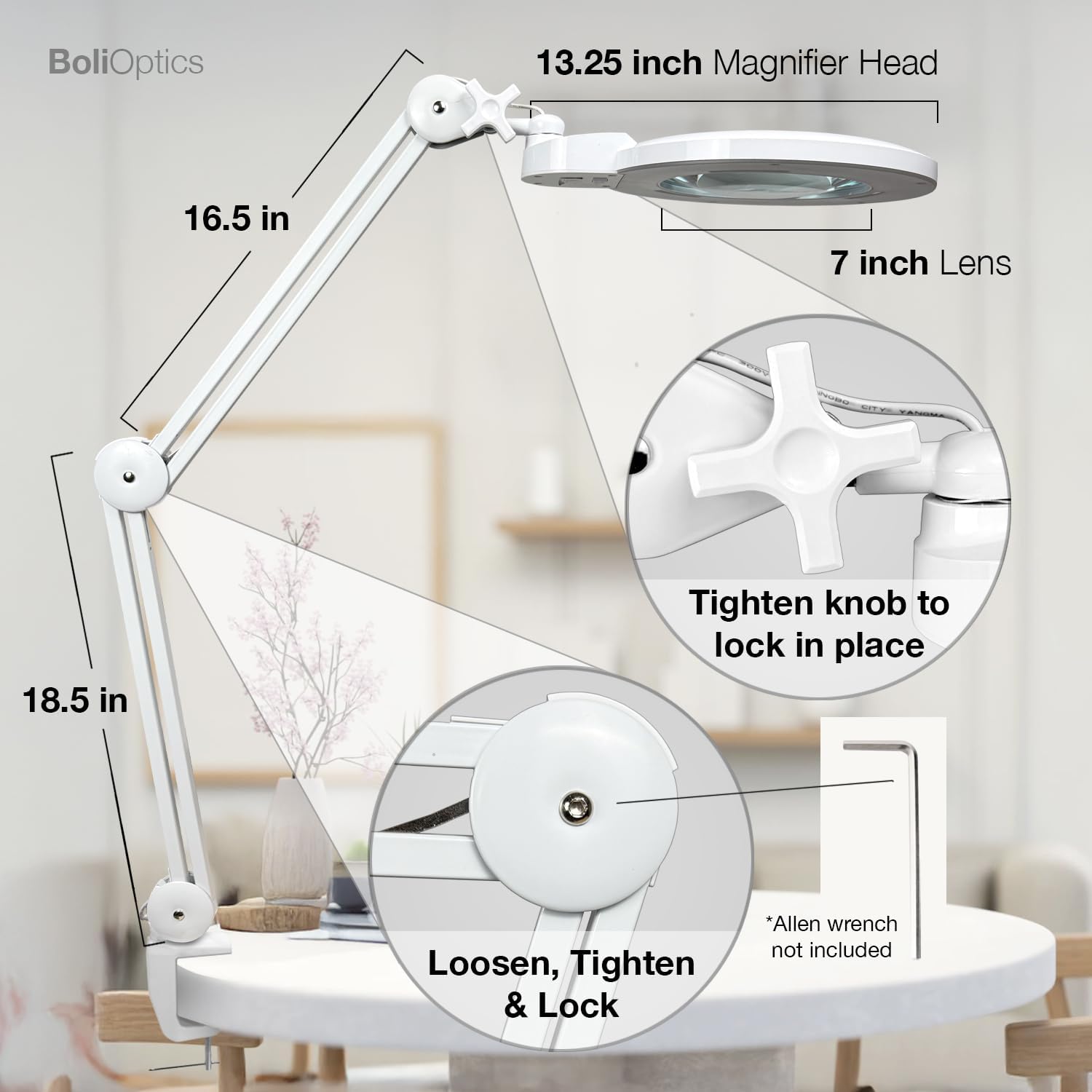 (7 inch Glass Lens) 2.25X, 5 Diopter, Professional LED Magnifying Lamp with Clamp, 4 Brightness Levels, 5600-6000K Daylight Bright, 1200 Lumens, 84 SMD LEDs, Adjustable Arm, BoliOptics MG16304321