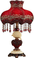 Red Victorian Table Lamp Embroidery Fabric Shade European Style Bedside Lamp W/Beaded Fringe Lace Elegant Princess Desk Lamp Vintage Antique Night Light for Bedroom Living Room Farmhouse