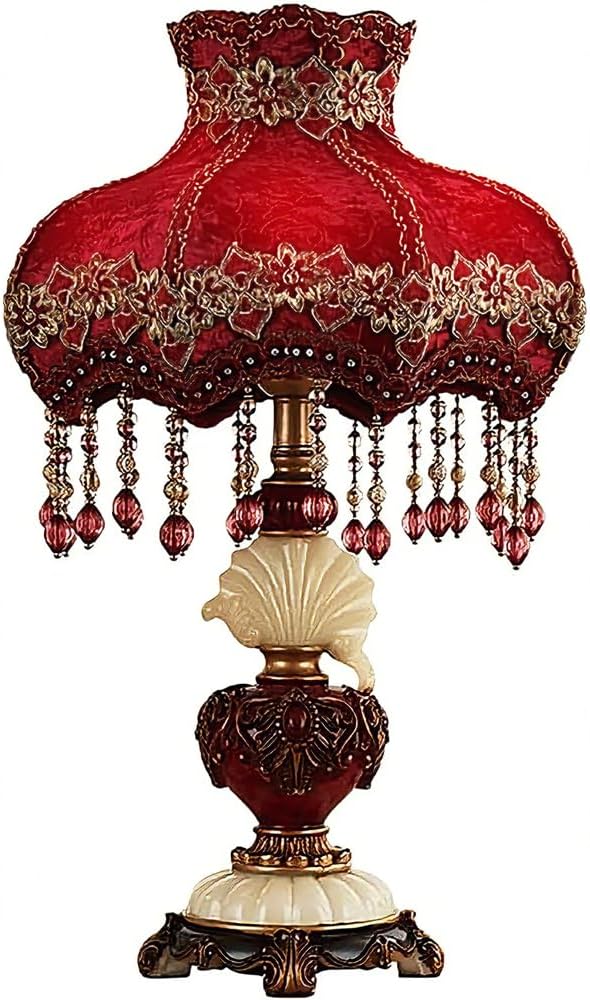Red Victorian Table Lamp Embroidery Fabric Shade European Style Bedside Lamp W/Beaded Fringe Lace Elegant Princess Desk Lamp Vintage Antique Night Light for Bedroom Living Room Farmhouse