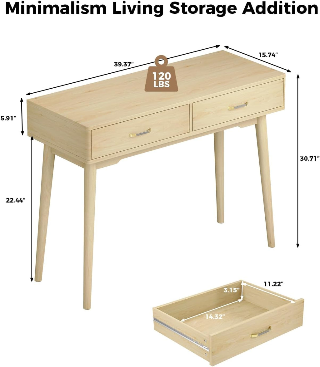 FUNKOCO Small Wood Desk with Drawers - 40 Inch Home Office Study Writing Desk for Bedroom, Vanity Desk with 4 Solid Legs, Modern Computer Desk for Small Spaces