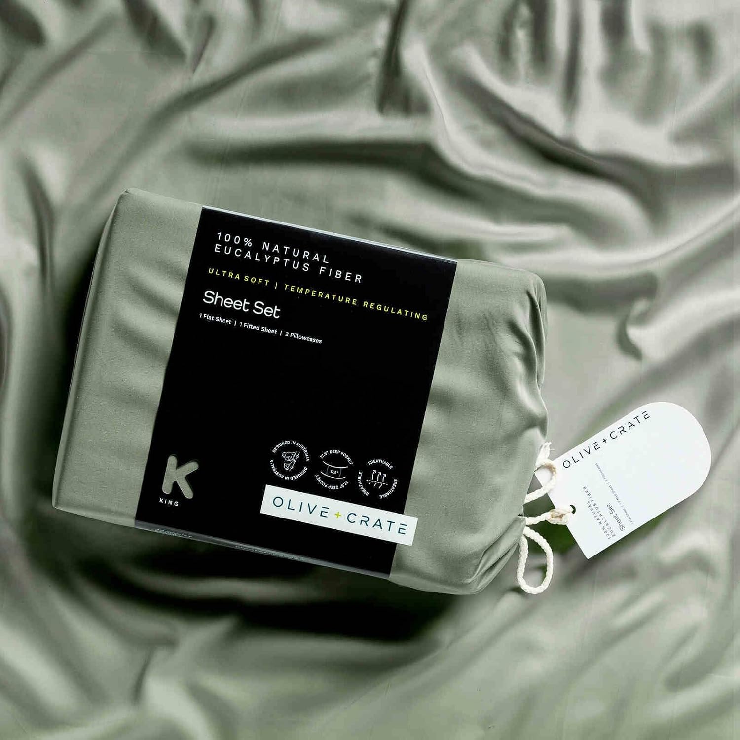 Olive + Crate Tencel Lyocell Eucalyptus Sheets King Size - Cooling Sheets for Hot Sleepers with 18 Inch Deep Pocket Fit - Moss 4-Piece Set
