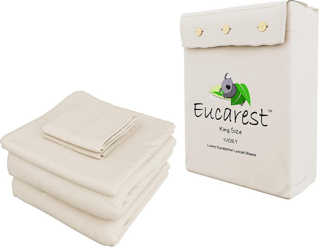 Eucalyptus Lyocell Bed Sheets, Hypoallergenic 100% Organic Tencel, Thermal Regulating and Moisture Wicking for Hot Sleepers, Superior Thread Quality, Extra Deep Pockets King Size - Ivory