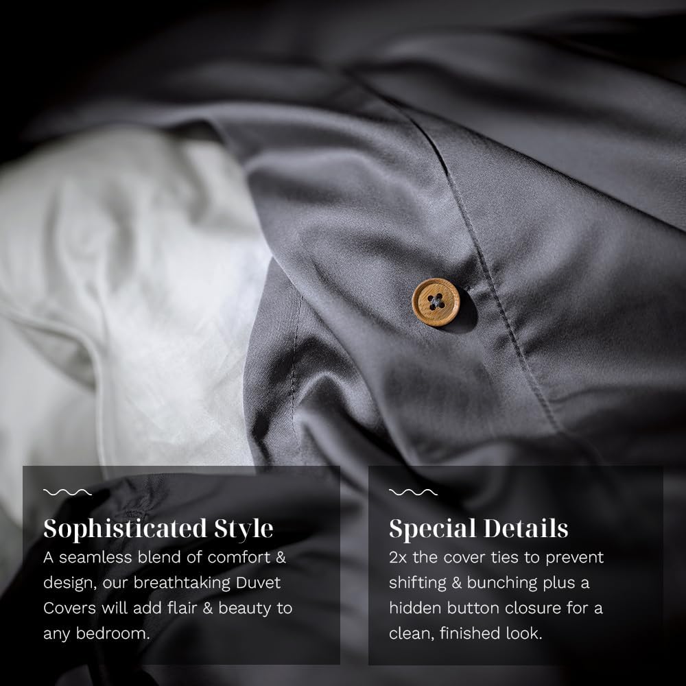 LUXOME Luxury Duvet Cover | Oversized Fit | 100% Viscose from Bamboo | Silky Soft Feel | Thermal-Regulating | 2X Cover Ties | Full/Queen - 90'x98' | Charcoal