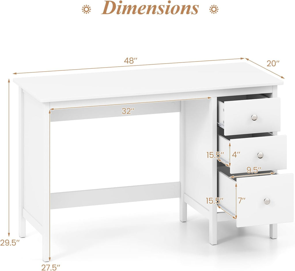 Giantex White Desk with Drawers, 48 Inch Home Office Desk with Anti-Toppling Device, Multifunctional Computer Workstation, Wood Study Writing Desk for Small Spaces, Bedroom