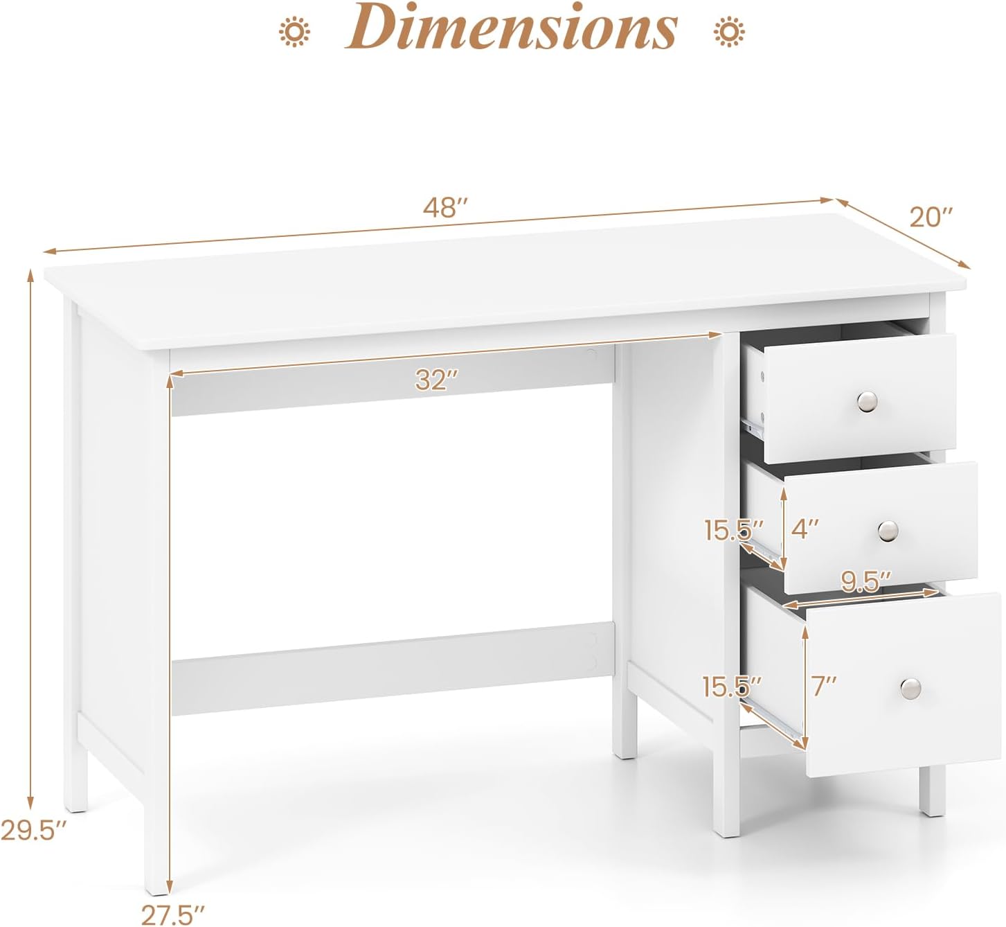 Giantex White Desk with Drawers, 48 Inch Home Office Desk with Anti-Toppling Device, Multifunctional Computer Workstation, Wood Study Writing Desk for Small Spaces, Bedroom