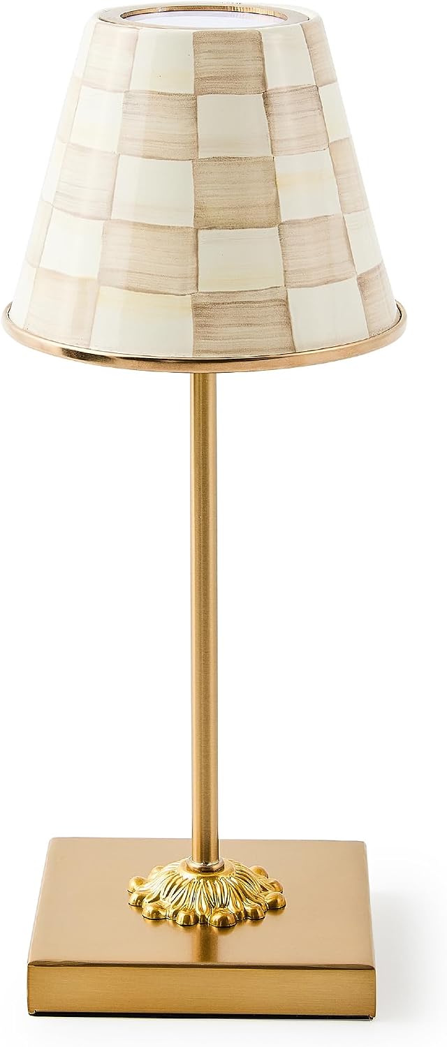 MACKENZIE-CHILDS LED Rechargeable Cafe Table Lamp, Cordless Decorative Lamp, Brown-and-White Mocha Check