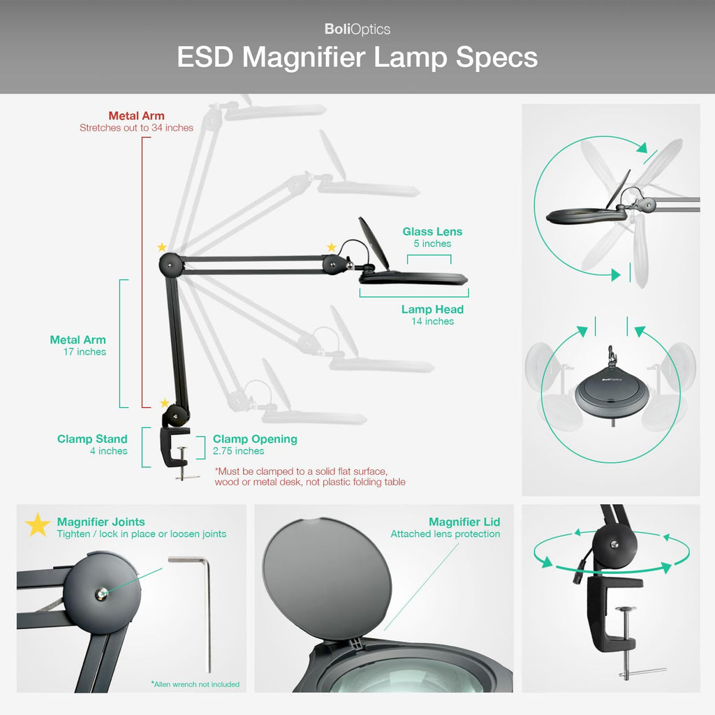 ESD Safe (Glass Lens) Professional LED Magnifying Lamp with Clamp (8 Diopter, 3X) Work Light, 4 Brightness Levels, Daylight Bright, 1200 Lumens, 5600K-6000K, Matte Black, BoliOptics MG16303322