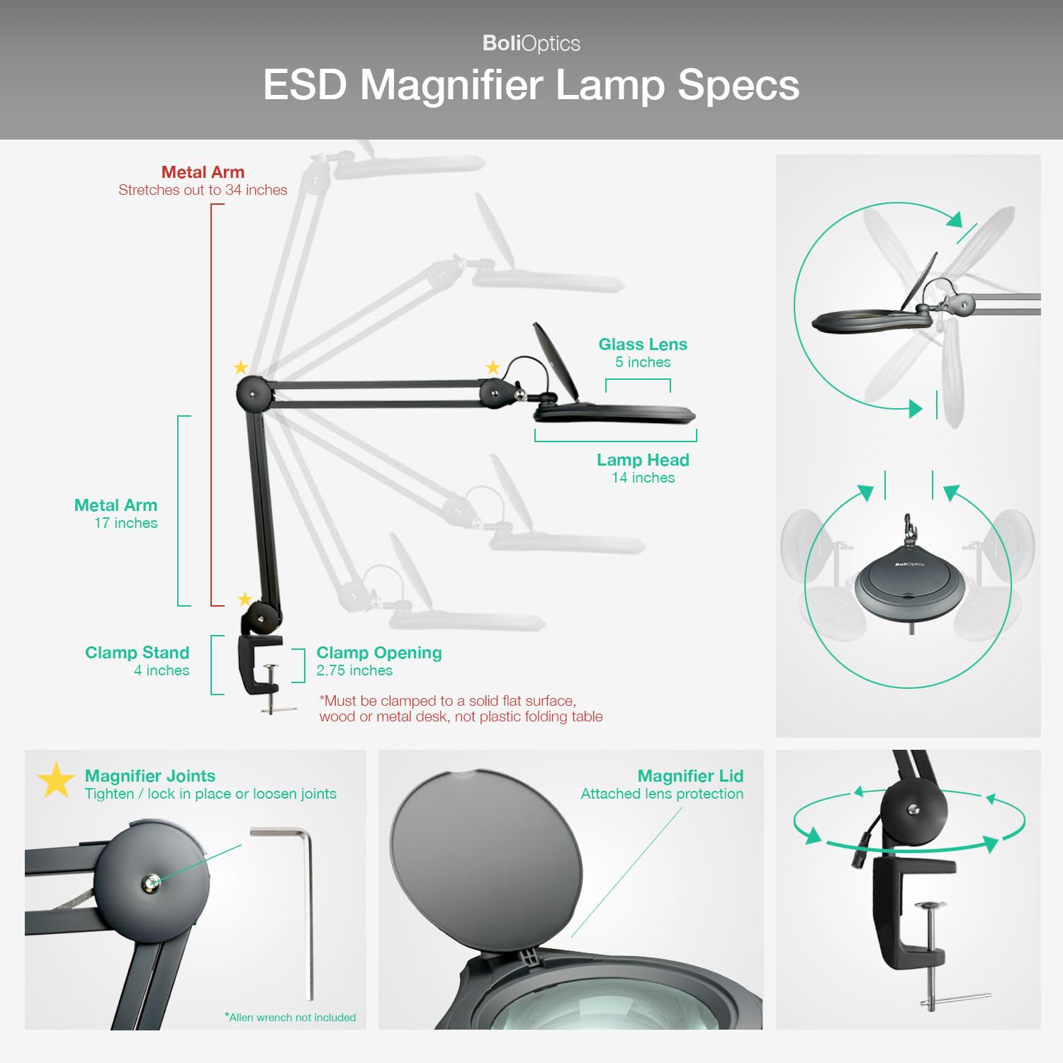 ESD Safe (Glass Lens) Professional LED Magnifying Lamp with Clamp (8 Diopter, 3X) Work Light, 4 Brightness Levels, Daylight Bright, 1200 Lumens, 5600K-6000K, Matte Black, BoliOptics MG16303322