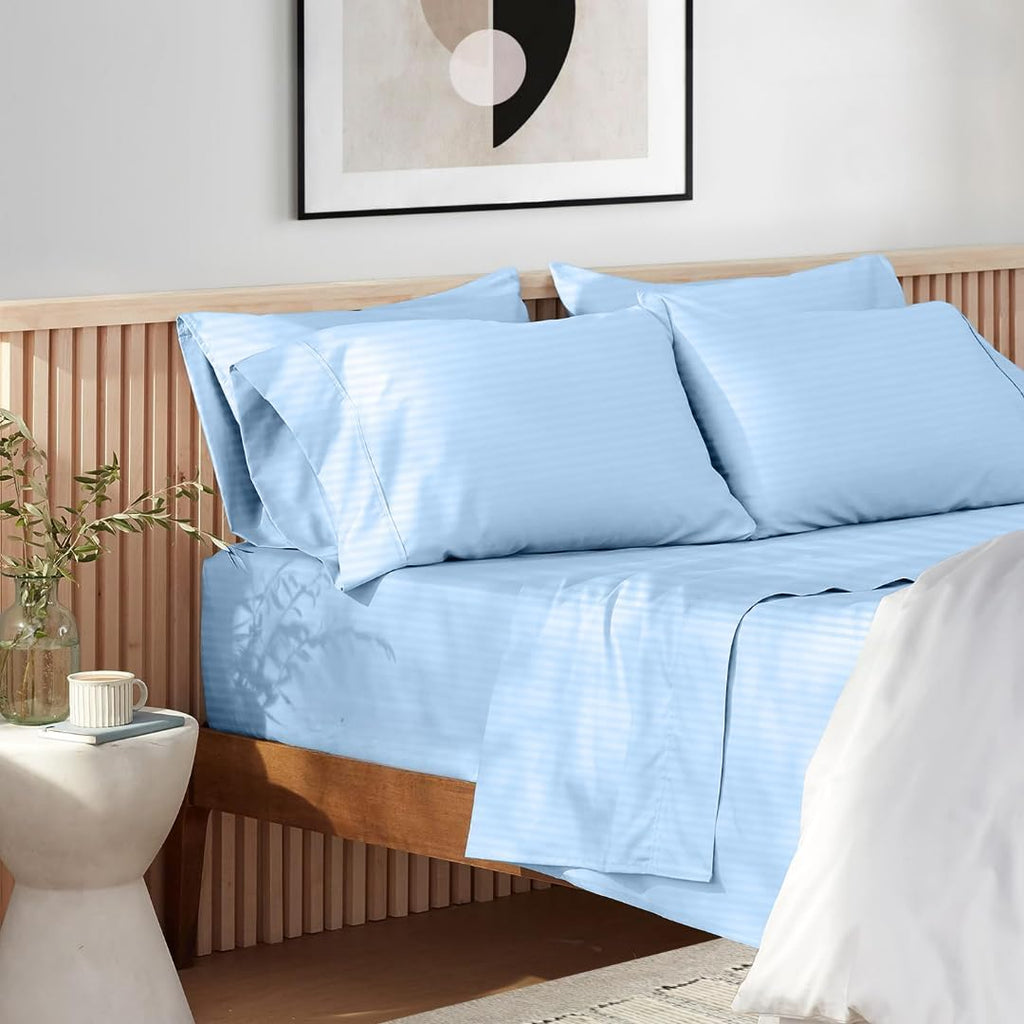 1000 Series- Extra Long Staple 100% Egyptian Cotton Sheet Set,Sateen Weave, Hotel Quality Soft Luxury Bedding, Queen Size 4 Piece Sheet Set Fit 15' Inch to 18' Deep Stripe Light Blue