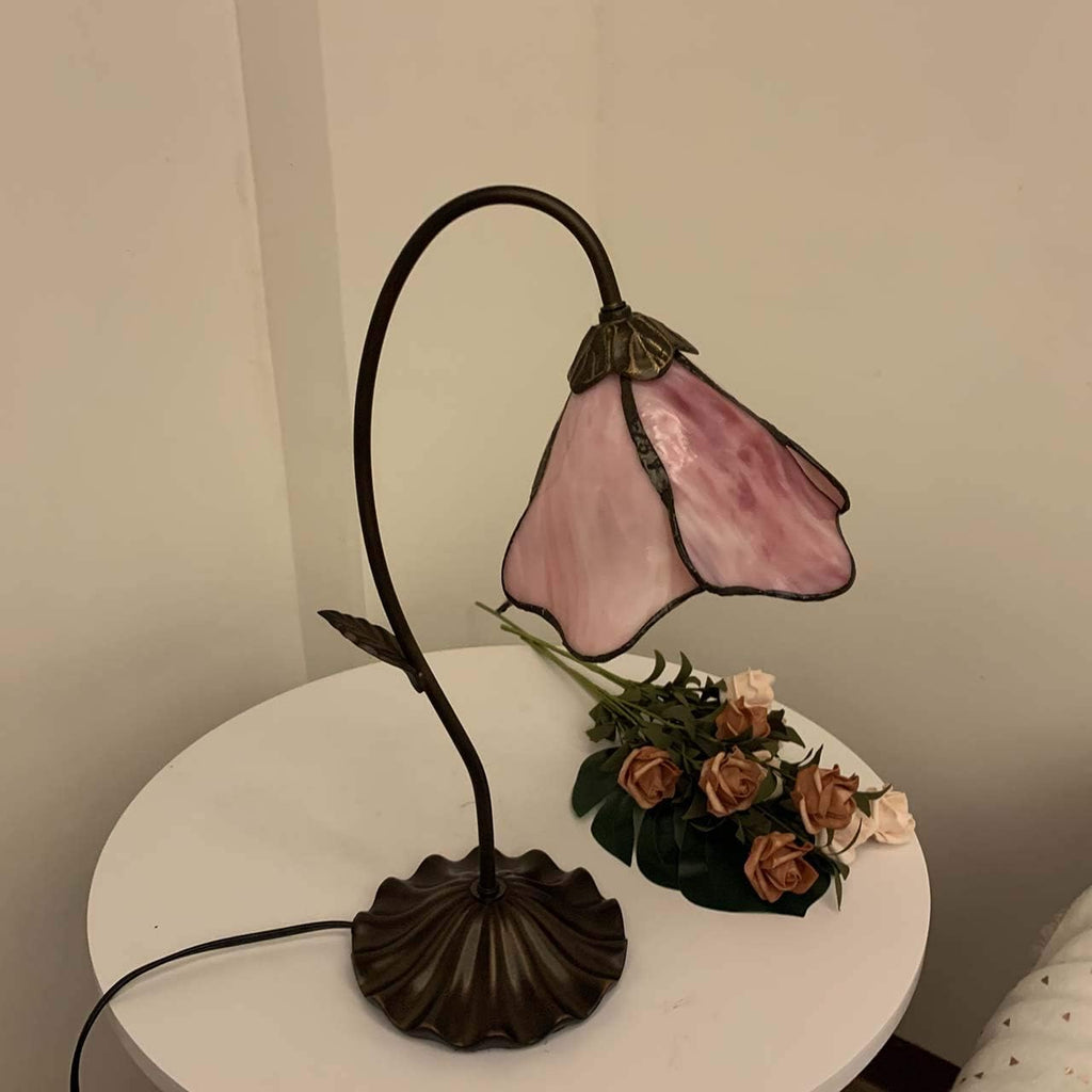 Bieye L10810 Flower Tiffany Style Stained Glass Table Lamp with 8-inch Wide Bent Glass Lampshade Lily Pad Base (1-Light, Pink)