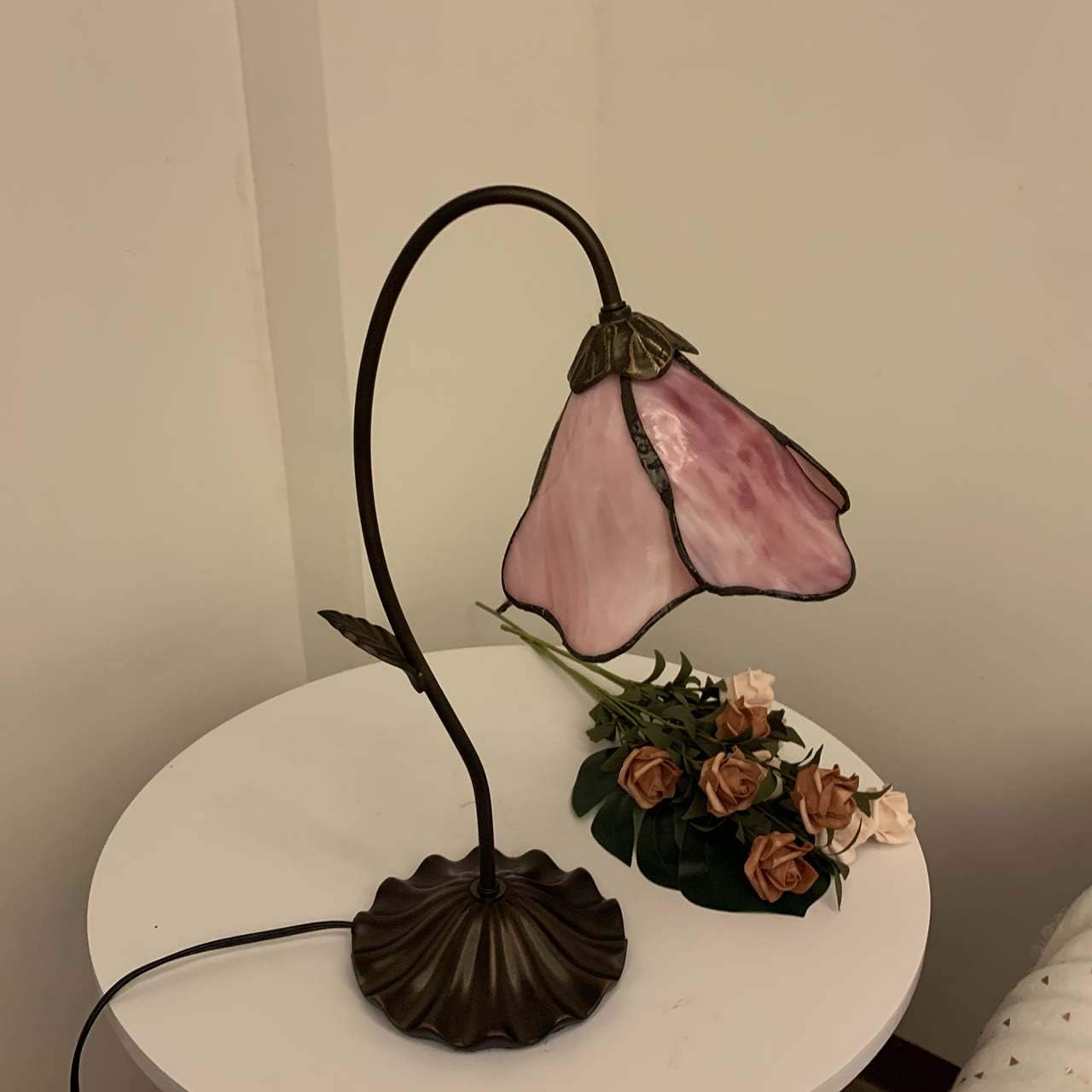 Bieye L10810 Flower Tiffany Style Stained Glass Table Lamp with 8-inch Wide Bent Glass Lampshade Lily Pad Base (1-Light, Pink)