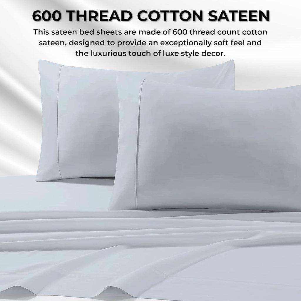 Tribeca Living Bed Sheet Set, Soft Egyptian Cotton Sateen Solid Sheets and Pillowcase Set, Extra Deep Pocket, 600 Thread Count, 4-Piece Luxury Bedding, King, Sky Blue