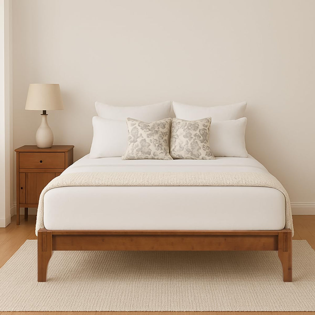 Merax Mid-Century Bamboo Platform Bed, Queen Size Bed Frame with Wood Slat Support, No Box Spring Needed, Easy Tool-Free Assembly, Brown