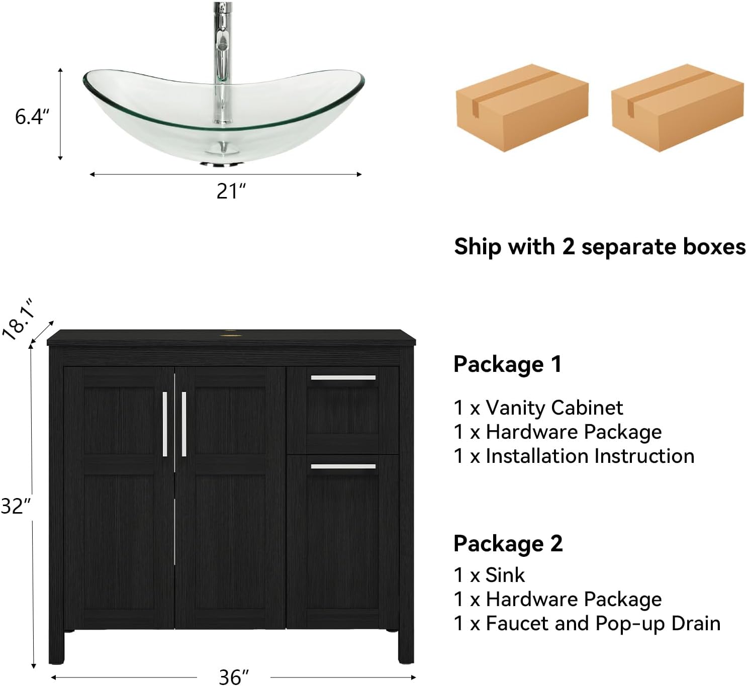 YOURLITE 36 Inches Traditional Bathroom Vanity Set with Single Faucet Hole, Clear Boat Glass Sink, Black Finish, 2-Door Cabinet