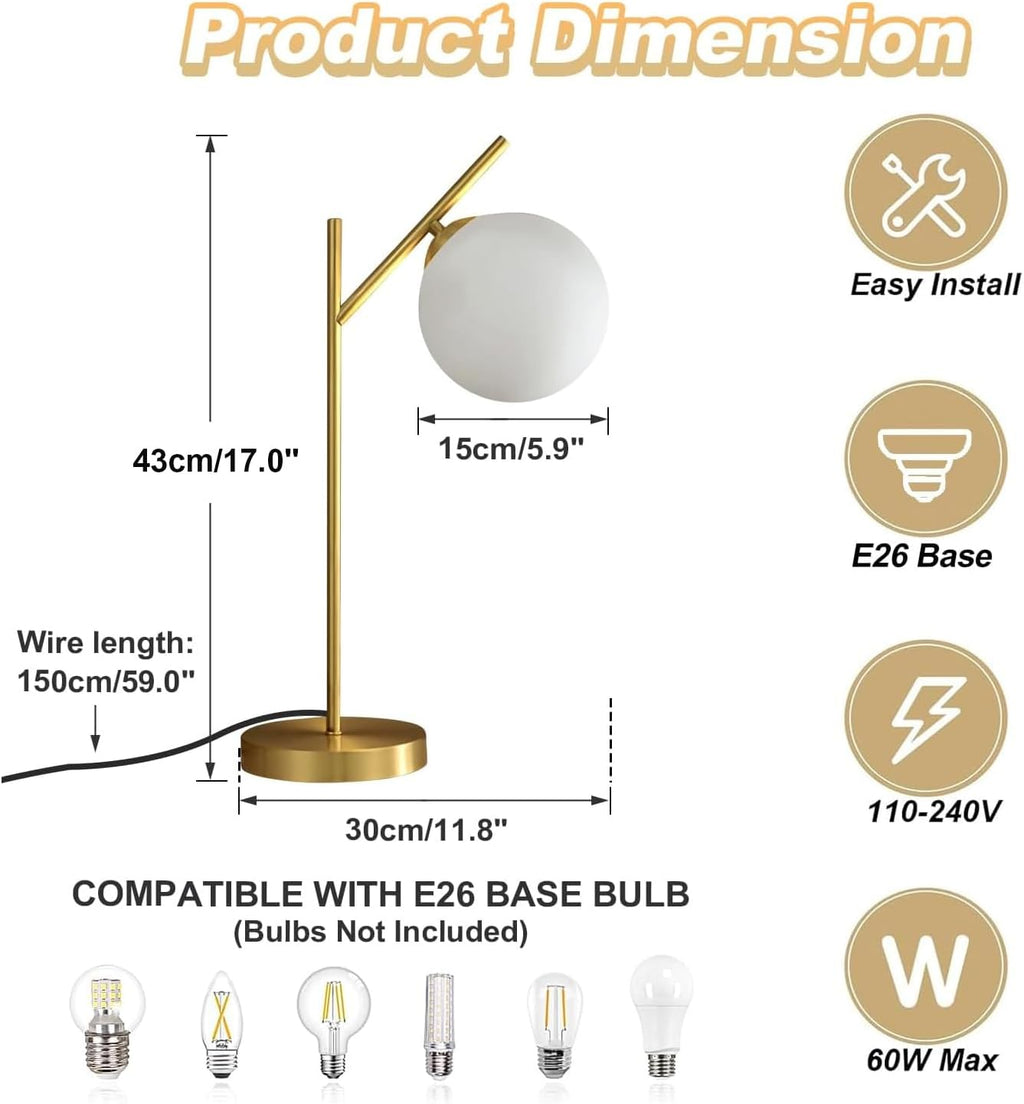 Globe Table Lamp Set of 2, Brass Glass Globe Desk Lamp with Milky White Glass Shade, Contemporary Metal Bedside lamp for Bedroom Living Room Study Room