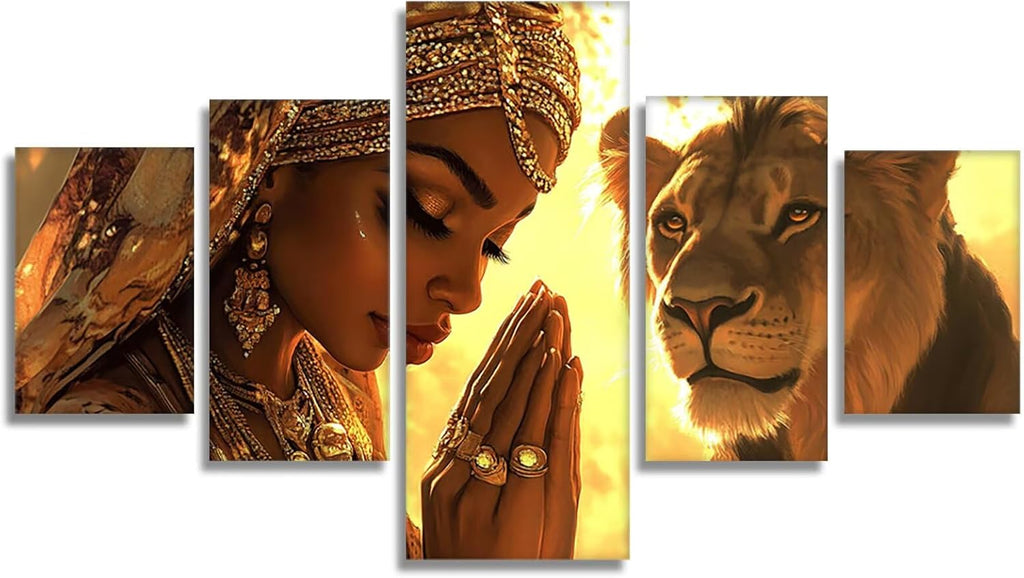 Africa Diamond Art 5 Piece Diamond Painting Lion 5D DIY Full Round Drill Dimond Art Paintings Rhinestones Crafts for Adults Gem Painting for Home Decor, Large Artwork for Wall 48 x 100 Inch, Model345
