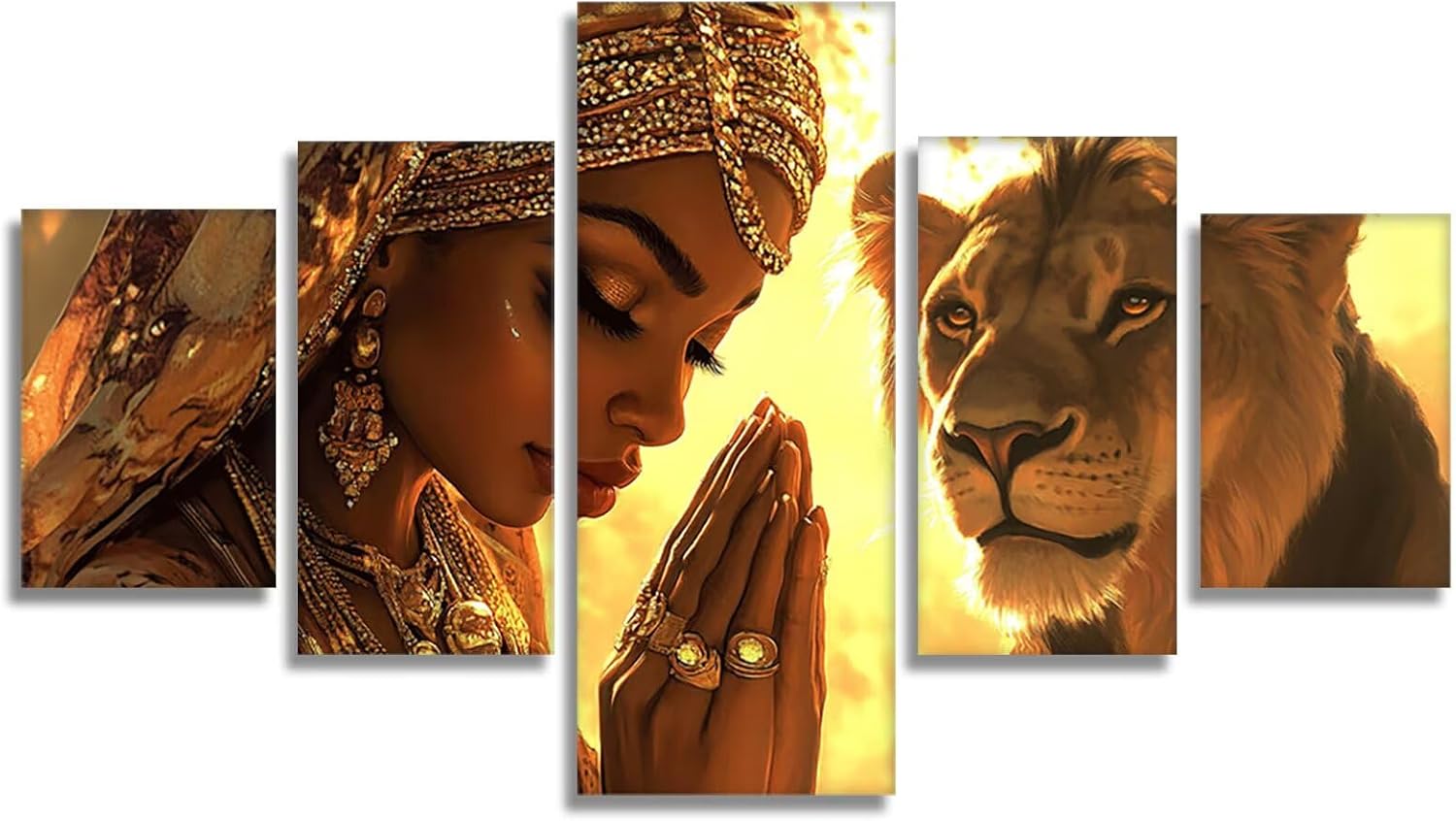 Africa Diamond Art 5 Piece Diamond Painting Lion 5D DIY Full Round Drill Dimond Art Paintings Rhinestones Crafts for Adults Gem Painting for Home Decor, Large Artwork for Wall 60 x 120 Inch, Model345