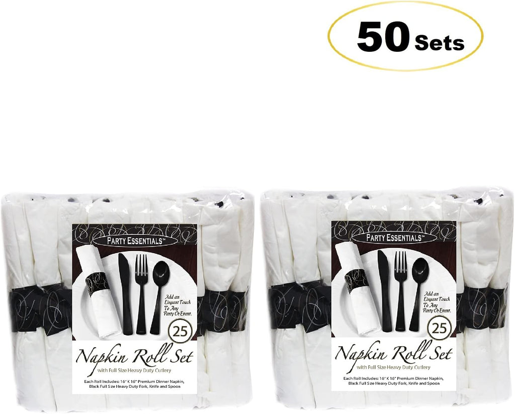 Party Essentials Party Supplies Wrapped Silverware Set Disposable, Pre Rolled Napkin and Cutlery, Spoons/Forks/Knives Black, 50 Units (Pack of 6)