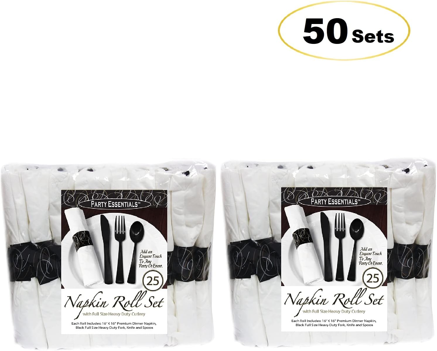 Party Essentials Party Supplies Wrapped Silverware Set Disposable, Pre Rolled Napkin and Cutlery, Spoons/Forks/Knives Black, 50 Units (Pack of 6)
