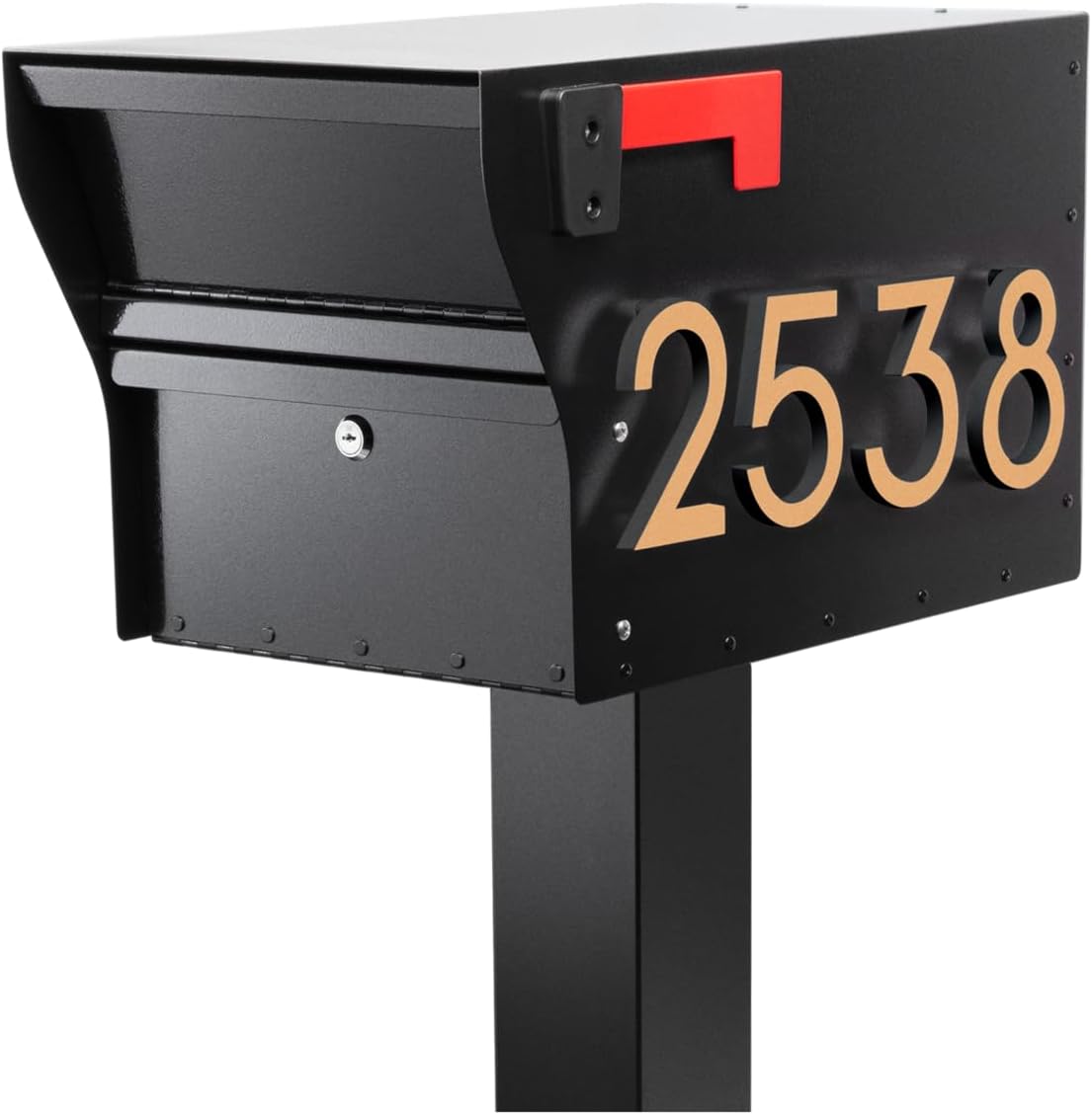 Whitehall MailVault Streetside Locking Mailbox with Post, Personalize with Modern Stand-Off Address Numbers Package – Steel, Secure Weather Resistant Modern Square Mailbox (Black/Gold)