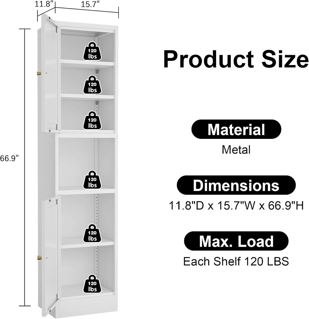 Tall Narrow Storage Cabinet,Metal Pantry Cabinet with Ajustable Shelves Open Countertop, Slim Sideboard for Small Spaces, Living Room, Kicthen, Dining Room, White