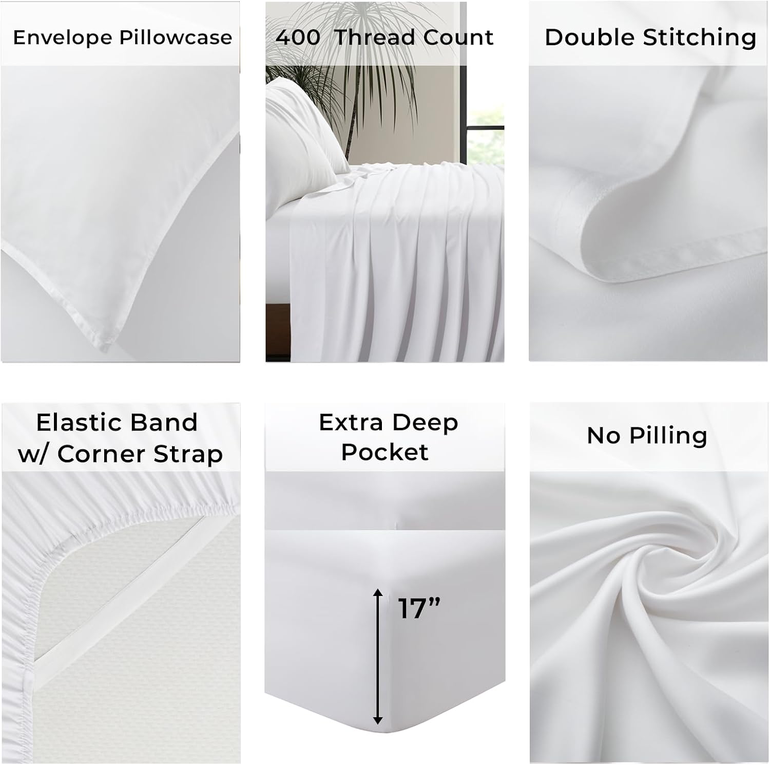 Luxury Bamboo Market | Queen Size Bed Sheet Set | 100% Viscose Made from Bamboo | Organically Grown | Ultra Soft | Cooling Sheets for Hot Sleepers | 17' Deep Pocket [Classic White]