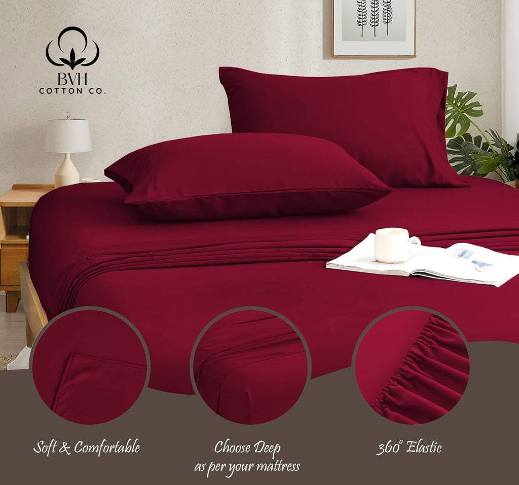 Egyptian Cotton Queen Size Sheet Set, 4Pc Bed Set, Soft & Breathable Percale Weave, Fits 10-12' Deep Pocket, Hotel-Quality 1000 Series Bed Sheets (Solid, Burgundy)