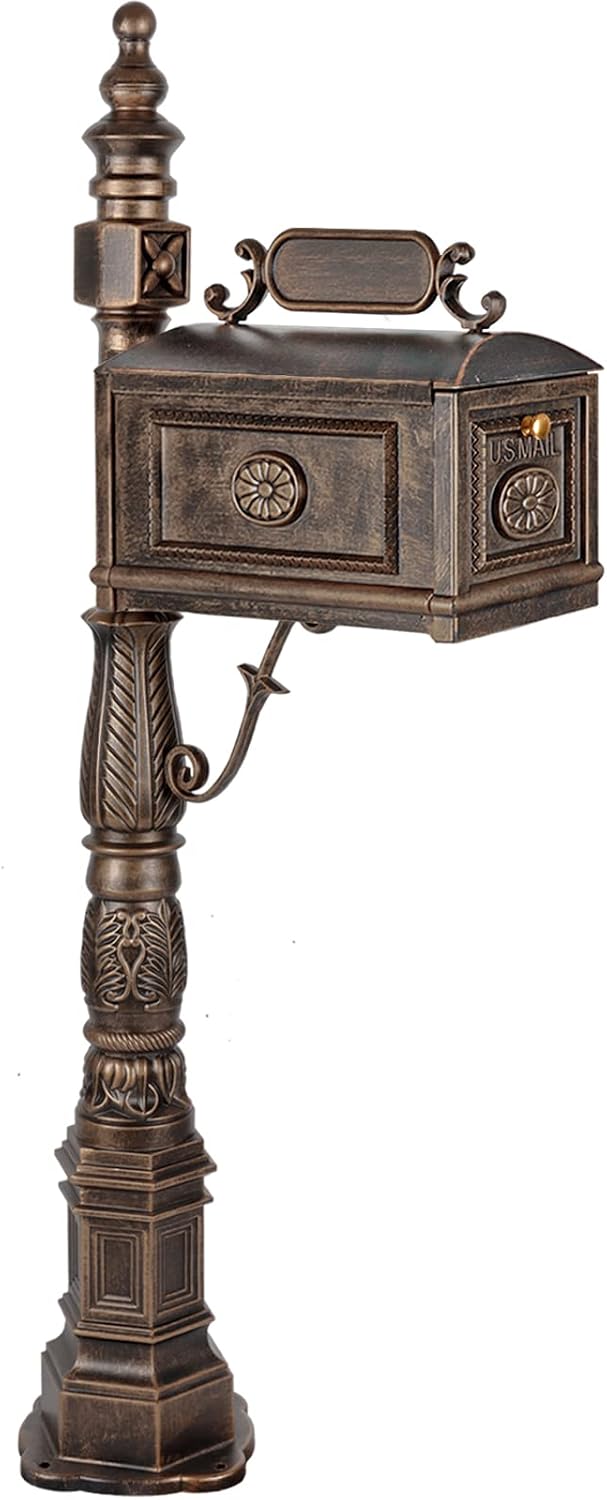 Polar Aurora Barcelona Decorative Post Mailbox Combination Stratford Heavy Duty Postal Mail Box Cast Aluminum(Bronze)