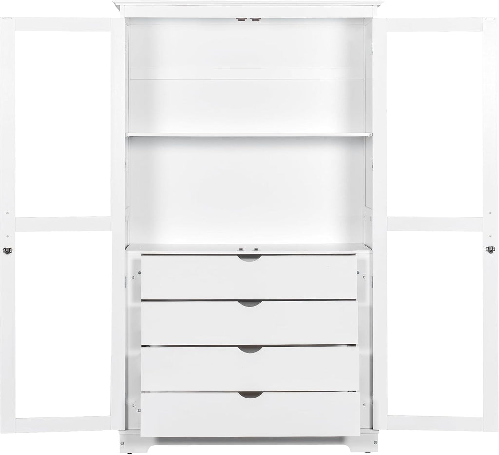 Modern 75inch Kitchen Pantry, Freestanding Kitchen Storage Cabinet Display Cabinet with Glass Doors and 4 Built-in Drawers for Living Room, Home Office (White-30r)