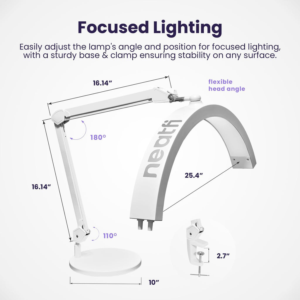 Neatfi Half Moon LED Table Lamp for Estheticians – 2,500 Lumens | CCT Dimming, 5 Light Modes | Professional Task Lamp for Nail Art, Facials, Threading & Tattoos (White, CCT with Base and Clamp)