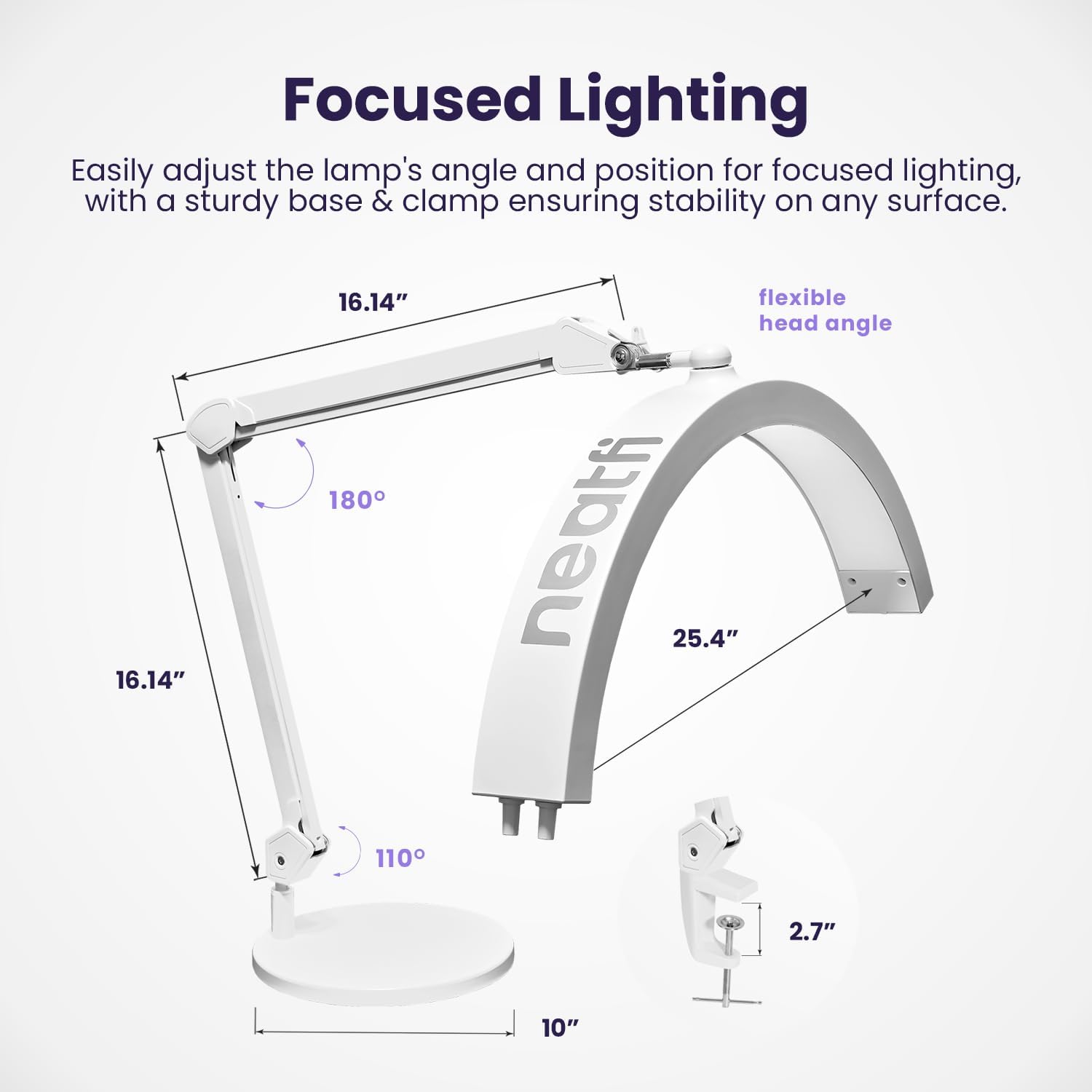 Neatfi Half Moon LED Table Lamp for Estheticians – 2,500 Lumens | CCT Dimming, 5 Light Modes | Professional Task Lamp for Nail Art, Facials, Threading & Tattoos (White, CCT with Base and Clamp)