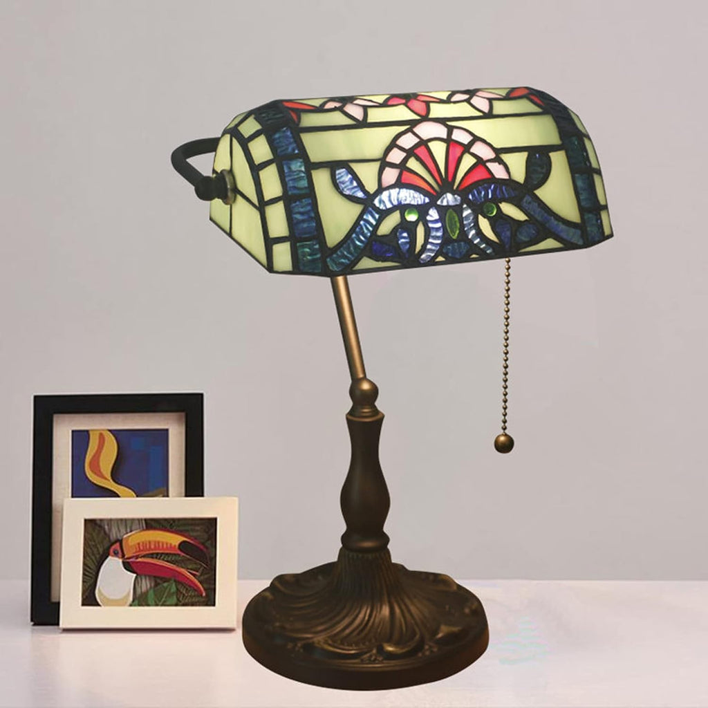 Tiffany Style Bankers Table Lamp Stained Glass Piano Desk Lamp Vintage Bedroom Bedside Lamp for Study,Antique Alloy Base,Zipper Switch,Green Baroque b