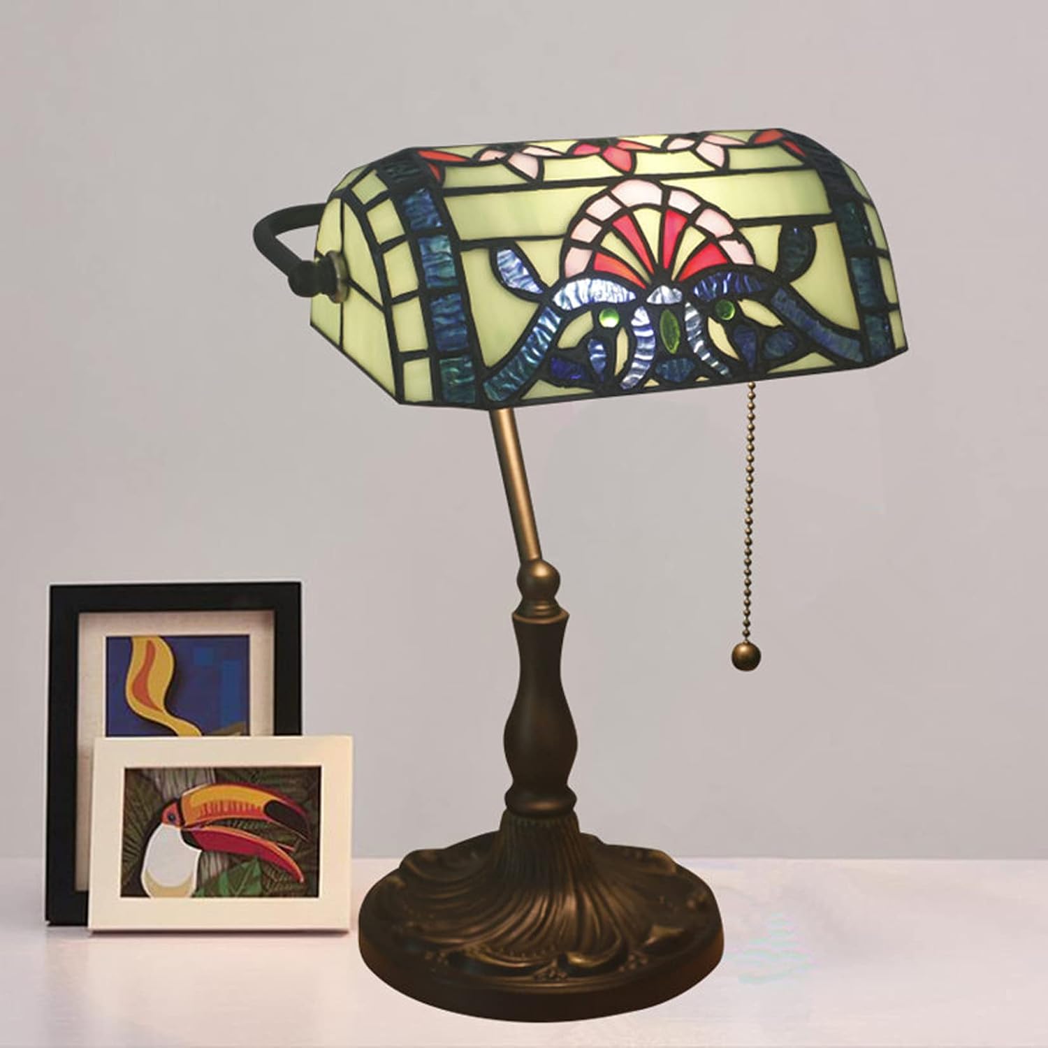 Tiffany Style Bankers Table Lamp Stained Glass Piano Desk Lamp Vintage Bedroom Bedside Lamp for Study,Antique Alloy Base,Zipper Switch,Green Baroque b