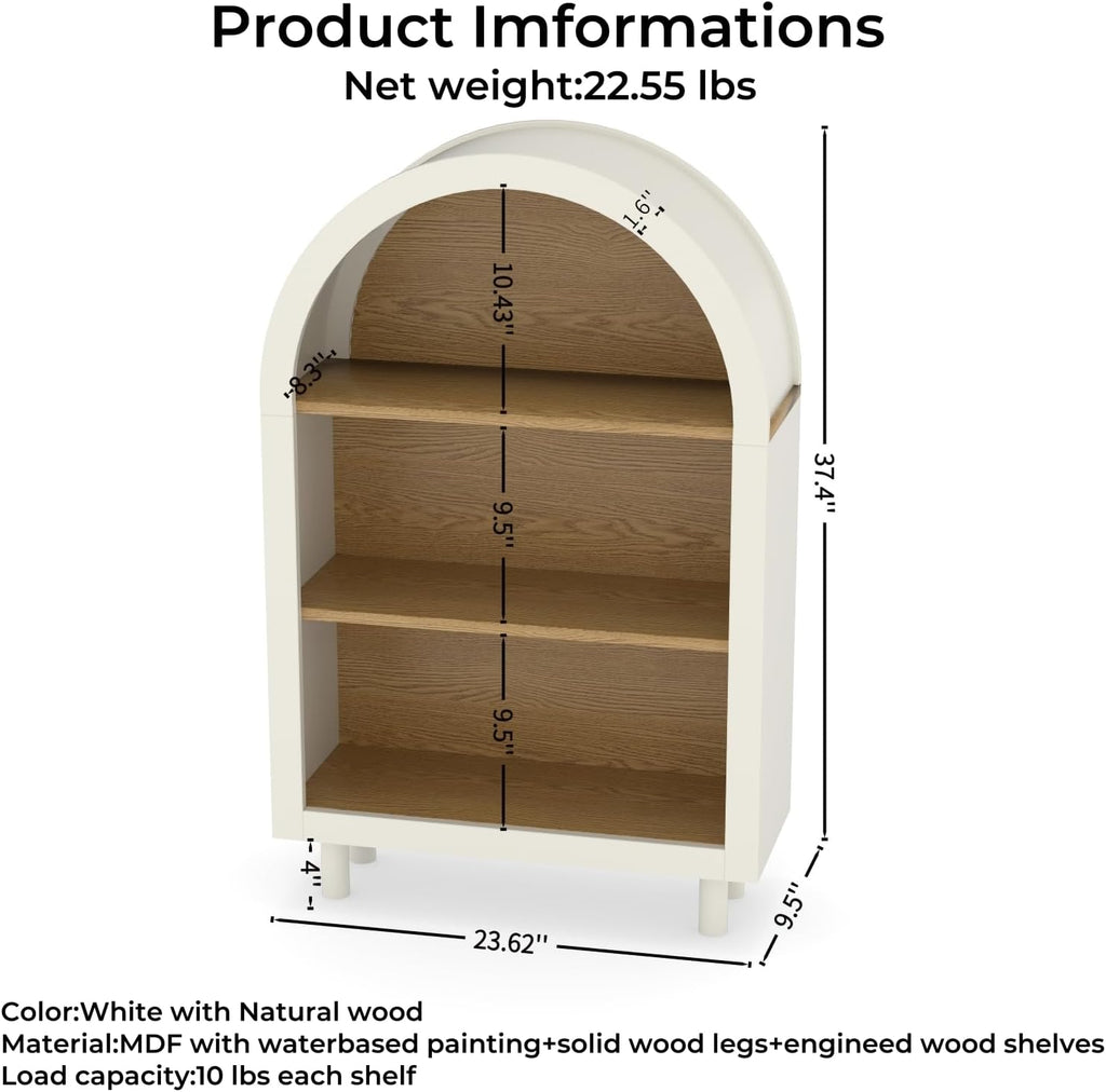 QMIT Arched Small Wooden Bookshelf, White 3 Tier Storage Bookcase Cabinet with Open Display Shelves for Living Room, Bedroom, Entryway
