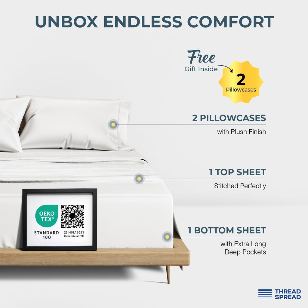 THREAD SPREAD 100% Egyptian Cotton Sheets Queen Size - Luxury 1500 Series Queen Sheet Set Egyptian Cotton (4 PC, White), Silky Soft, Sateen Weave, Cooling & Breathable, 17' Deep Pocket Bed Set