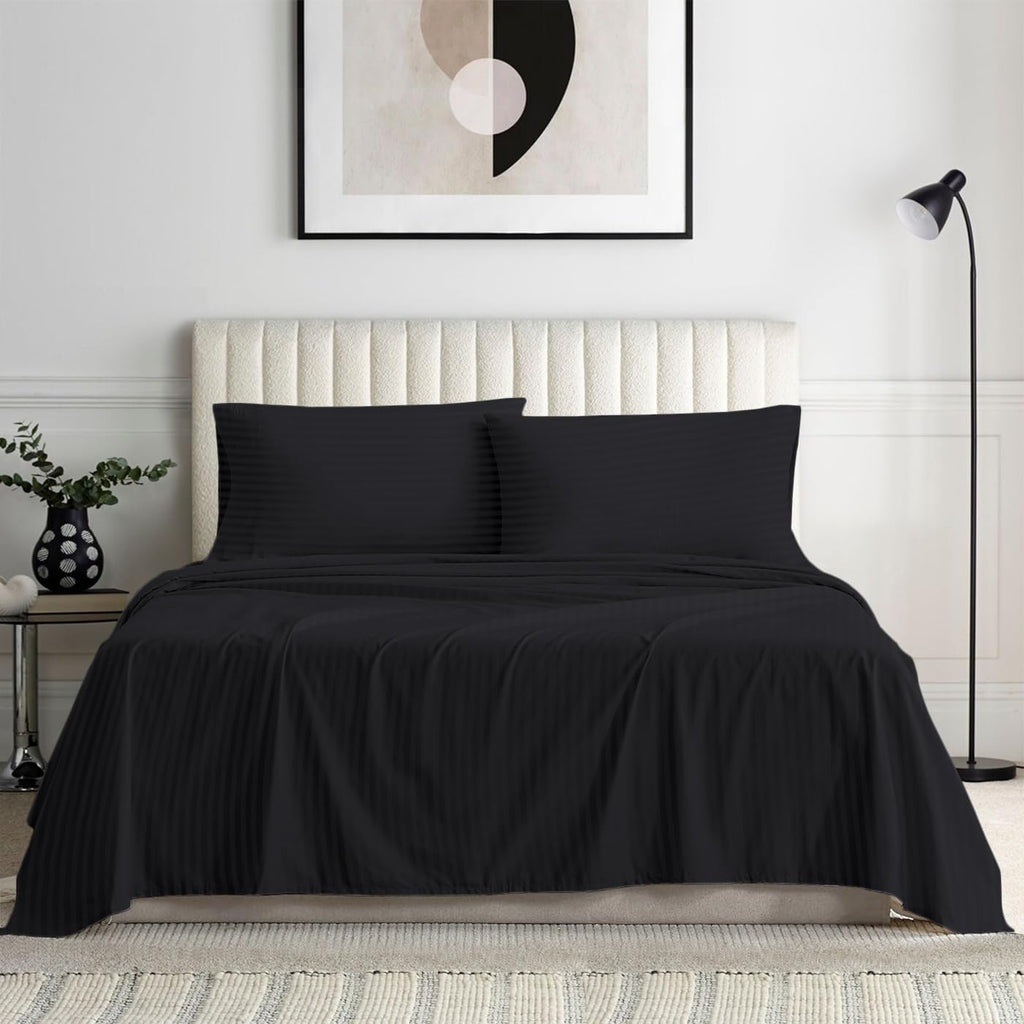 1000 Series- Extra Long Staple 100% Egyptian Cotton Sheet Set,Sateen Weave, Hotel Quality Soft Luxury Bedding, King Size 4 Piece Sheet Set Fit 9' Inch to 12' Deep Stripe Black