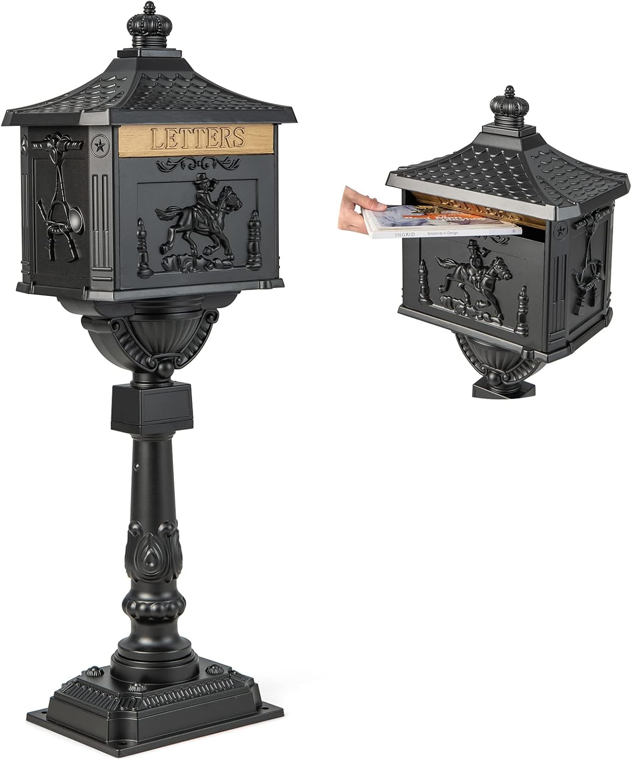 Giantex Cast Aluminum Mailbox with Post - Locking Residential Mailboxes for Outside with Keys, Baffle Door, Expansion Bolts, Address Panel, In-Ground Rust-Proof Large Security Postal Mailbox (Black)