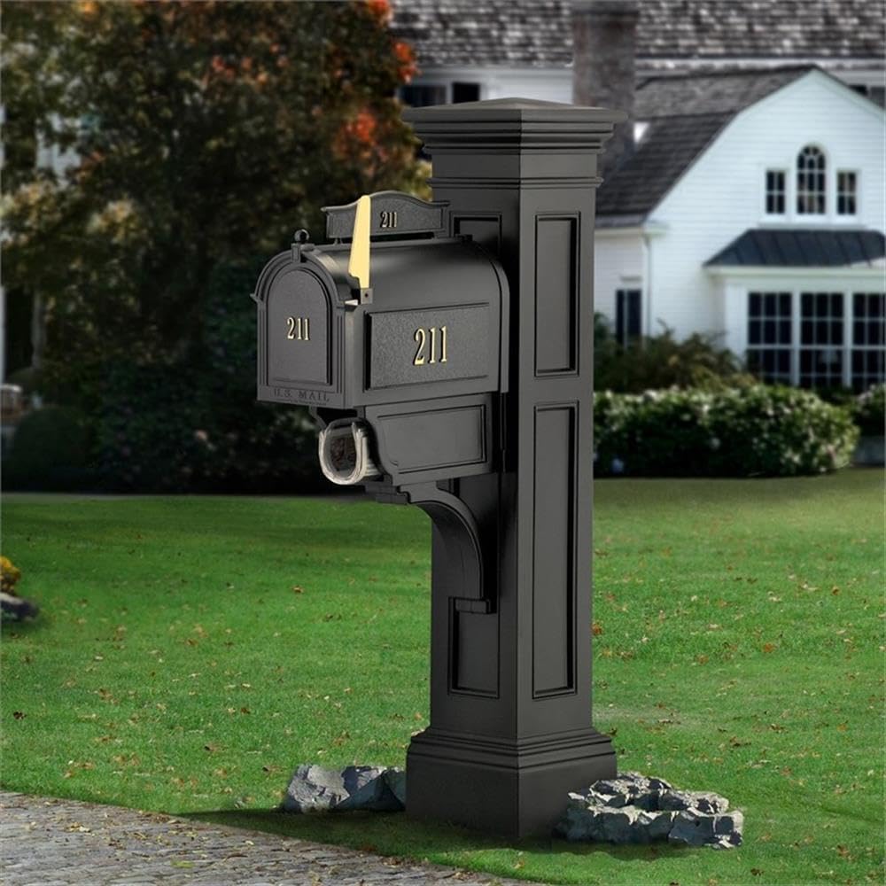 Pemberly Row Weatherproof Plastic Mail Post, 64 in x 14 in x 31 in, Black Finish, UV-Resistant Polyethylene Resin, Durable Traditional Design, Decorative Sleeve with Paper Holder, Mailbox Support
