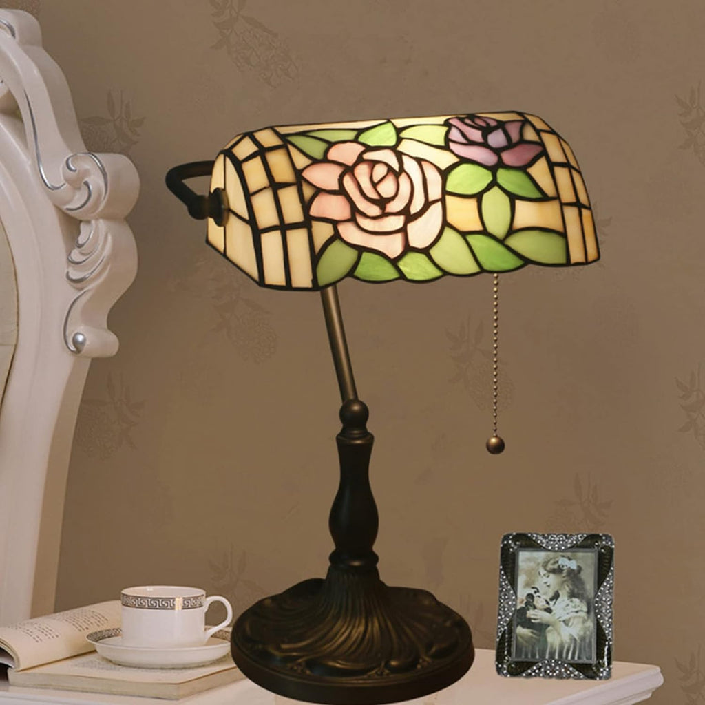 Tiffany Style Bankers Table Lamp Stained Glass Piano Desk Lamp Vintage Bedroom Bedside Lamp for Study,Antique Alloy Base,Zipper Switch,Rose c