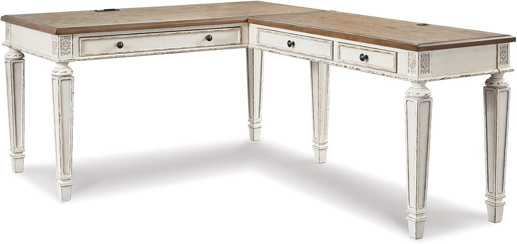 Signature Design by Ashley Realyn Cottage L-Shaped Distressed 2-Piece Home Office Desk with Power Supply and USB Ports, White & Light Brown