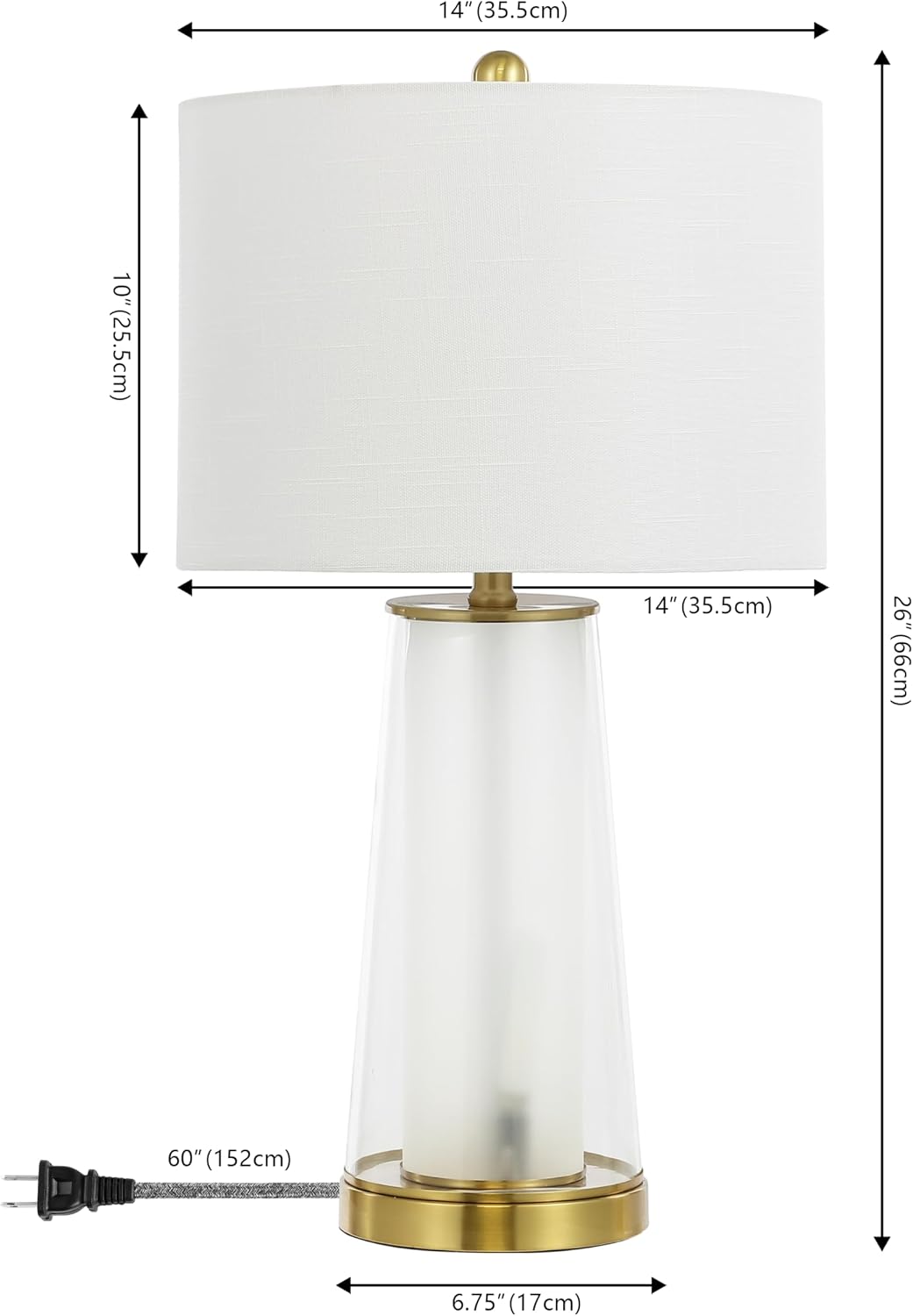 JONATHAN Y 26' Clear/Brass Gold Nightlight Table Lamp Set of 2 for Bedroom, Modern Glass Desk Lamps with White Fabric Shade, Farmhouse Living Room Decor, LED Bulbs Included JYL1137A-SET2