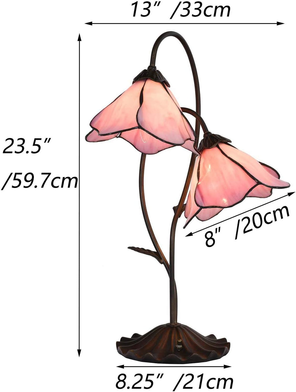 Bieye L10811 Flower Tiffany Style Stained Glass Table Lamp with 8-inch Wide Bent Glass Lampshade Lily Pad Base (2-Light, Pink)